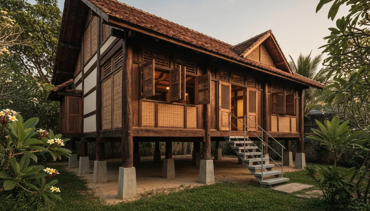 Nhà lắp ghép dạng cabin 21,6 m² phong cách bản địa — ảnh minh họa