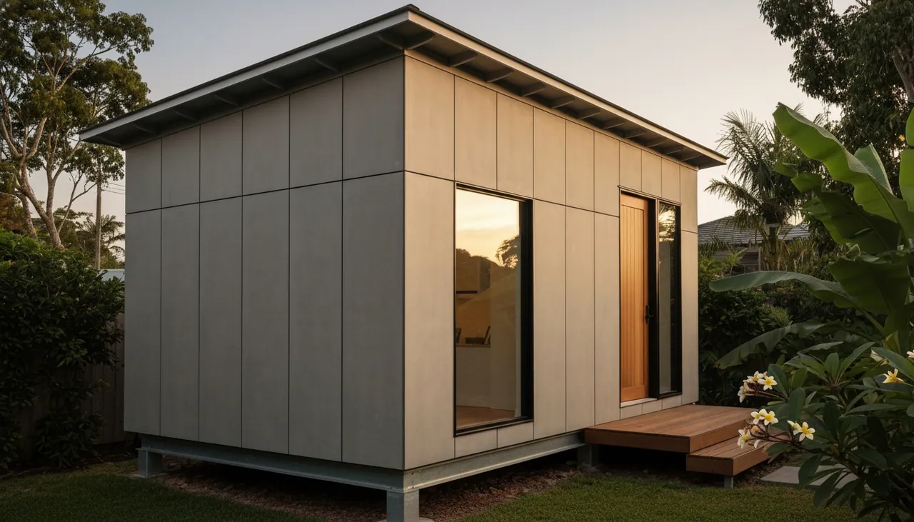 Pod lắp ghép 9–15 m² đặt trong sân vườn, sàn nâng trên cọc thép — ảnh minh họa